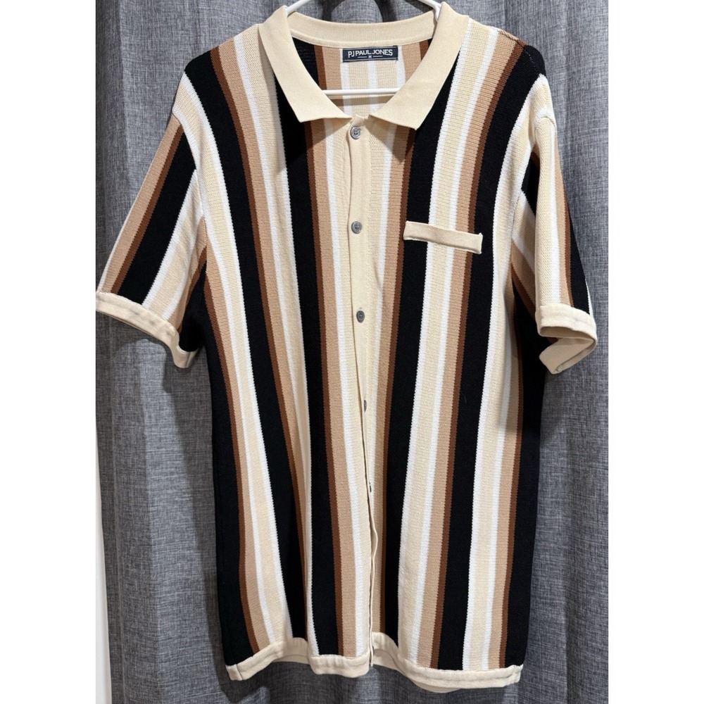 PJ Paul Jones Button Up Short Sleeve Mens Sweater Size M Brown Black Striped